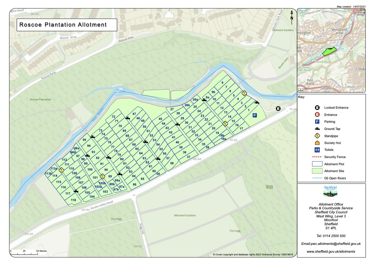 Map of Roscoe Plantation Allotments showing the plots, entrances, water taps, parking and the society hut